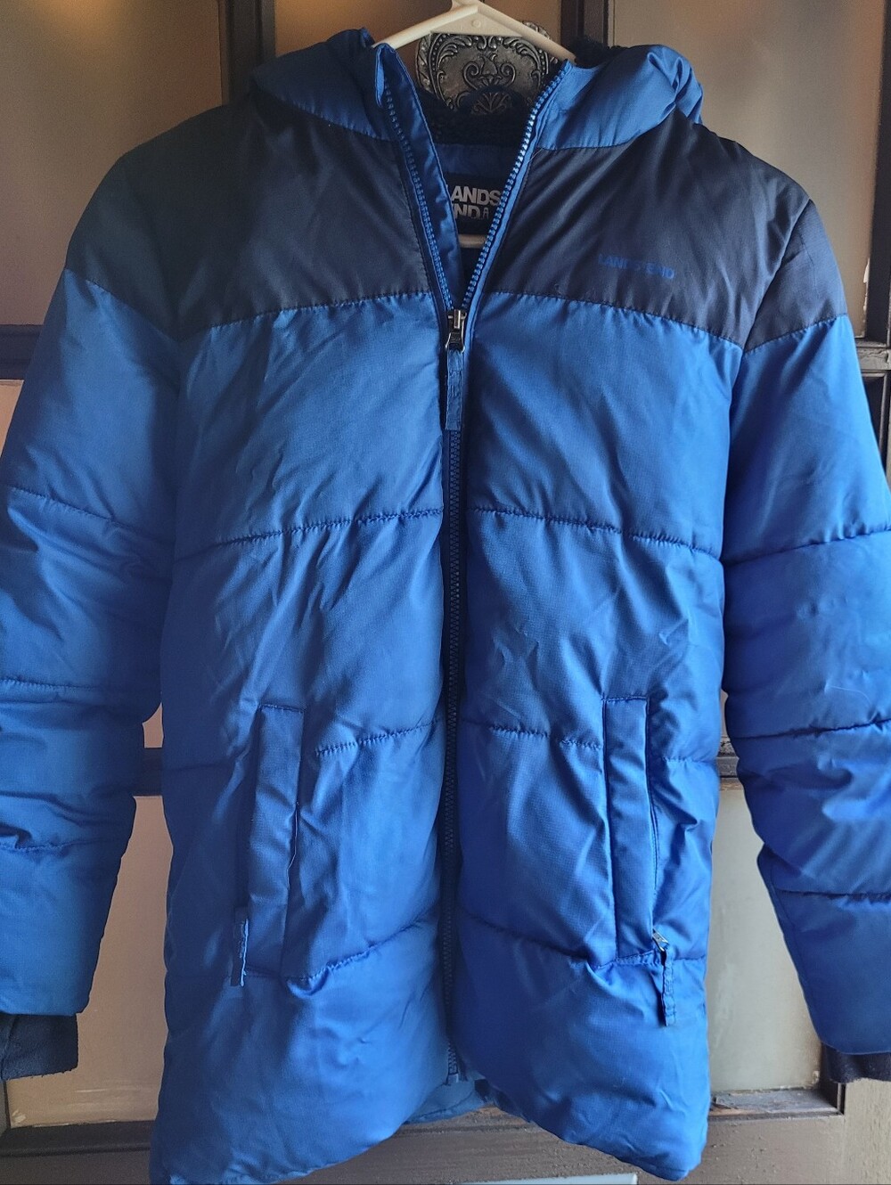 Lands' End Youth Kids Blue Puffer Jacket Size M (10/12) Fleece Lined Winter Hood